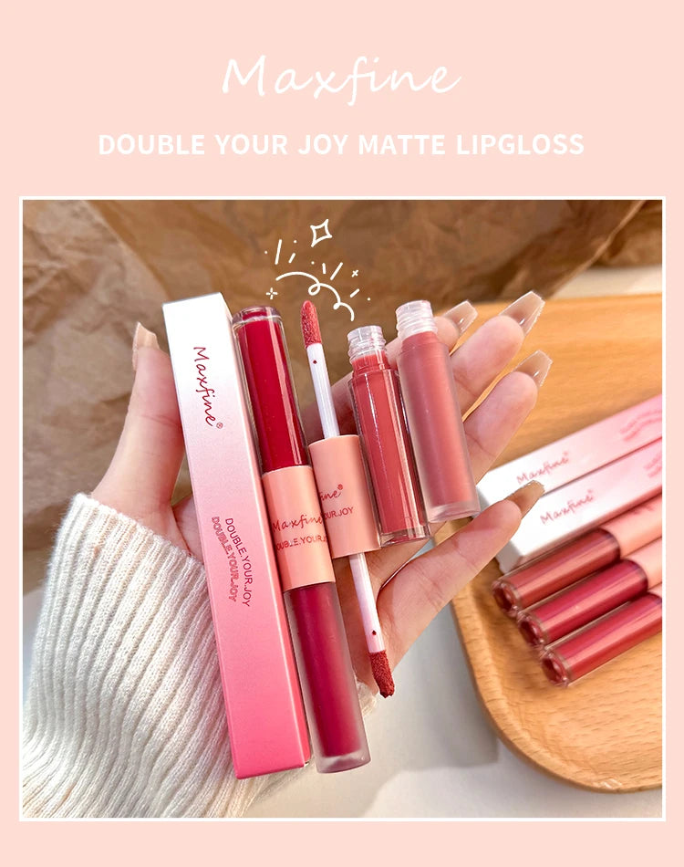 Lip Glaze Duplo Maxfine – Gloss Espelhado e Matte, Hidratação e Cor Duradoura