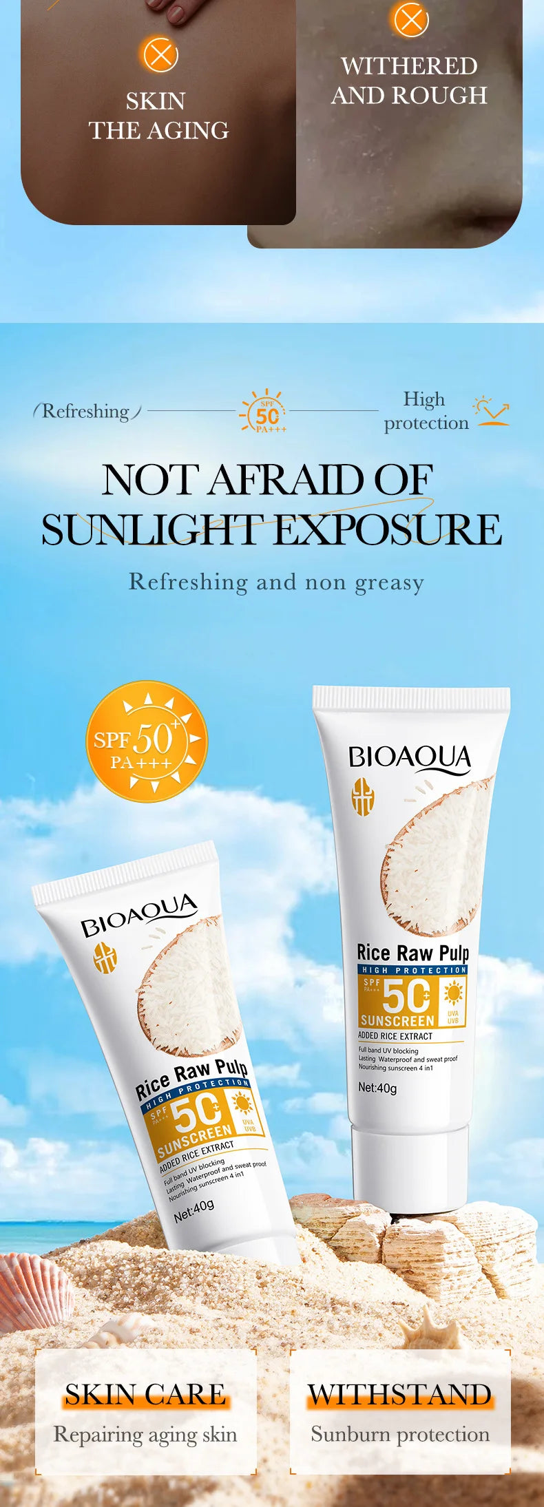 Protetor Solar Facial e Corporal BIOAQUA Rice SPF 50+ – Bloqueador Solar Iluminador
