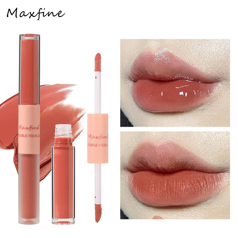 Lip Glaze Duplo Maxfine – Gloss Espelhado e Matte, Hidratação e Cor Duradoura