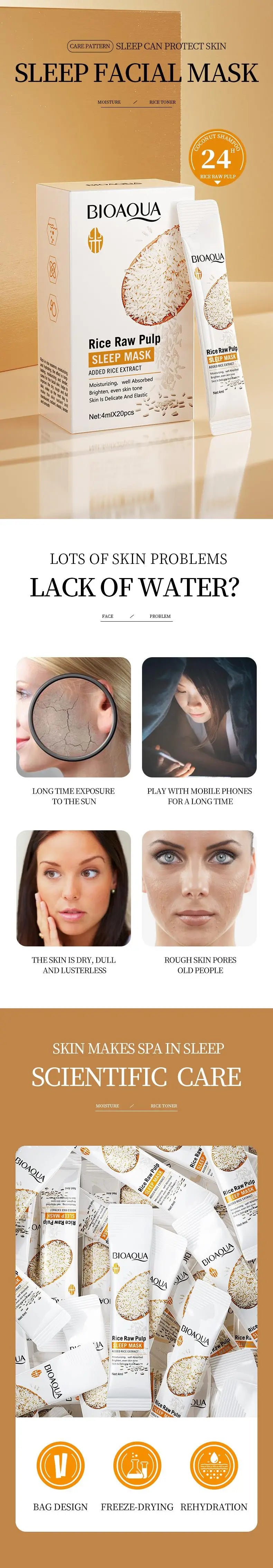Kit 20 Máscaras Faciais Noturnas BIOAQUA Rice – Hidratação, Firmeza e Iluminação da Pele
