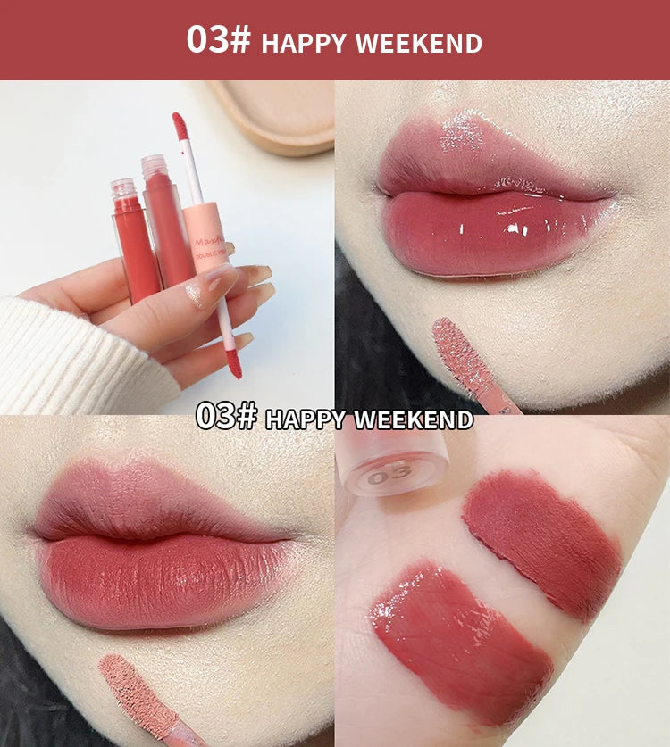 Lip Glaze Duplo Maxfine – Gloss Espelhado e Matte, Hidratação e Cor Duradoura