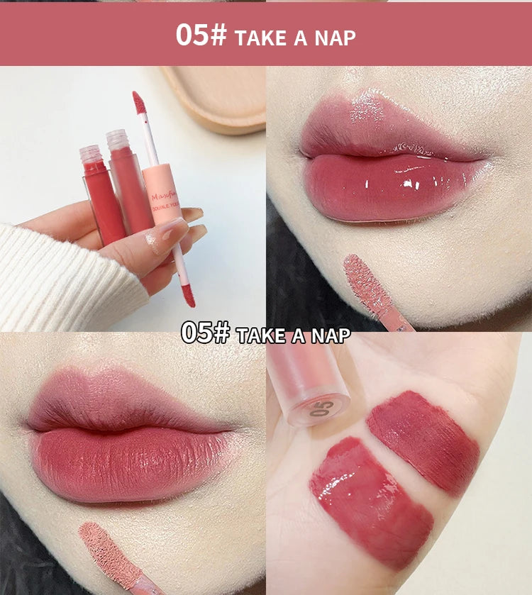 Lip Glaze Duplo Maxfine – Gloss Espelhado e Matte, Hidratação e Cor Duradoura