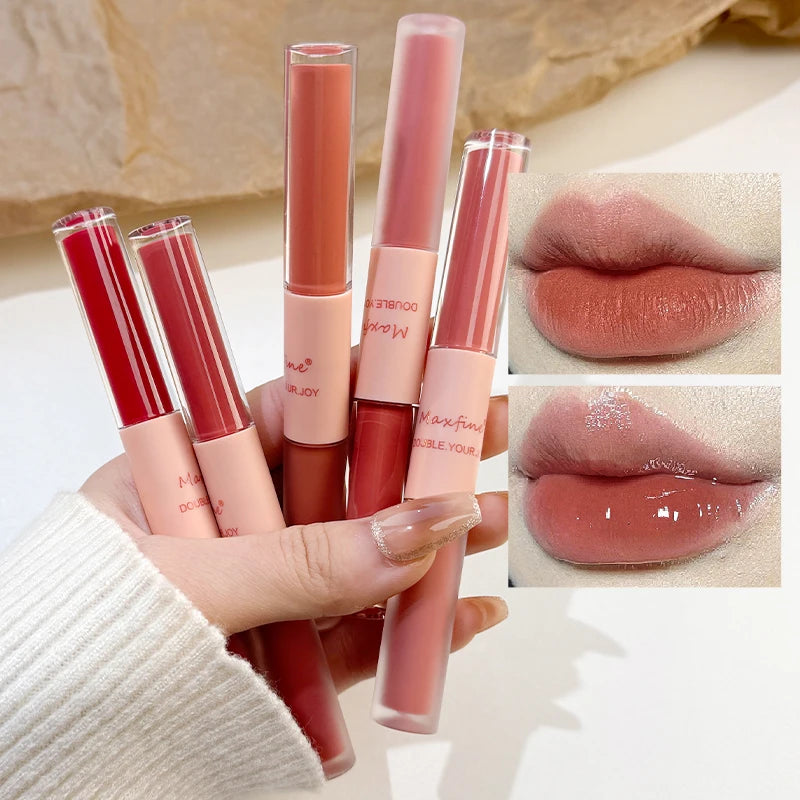 Lip Glaze Duplo Maxfine – Gloss Espelhado e Matte, Hidratação e Cor Duradoura