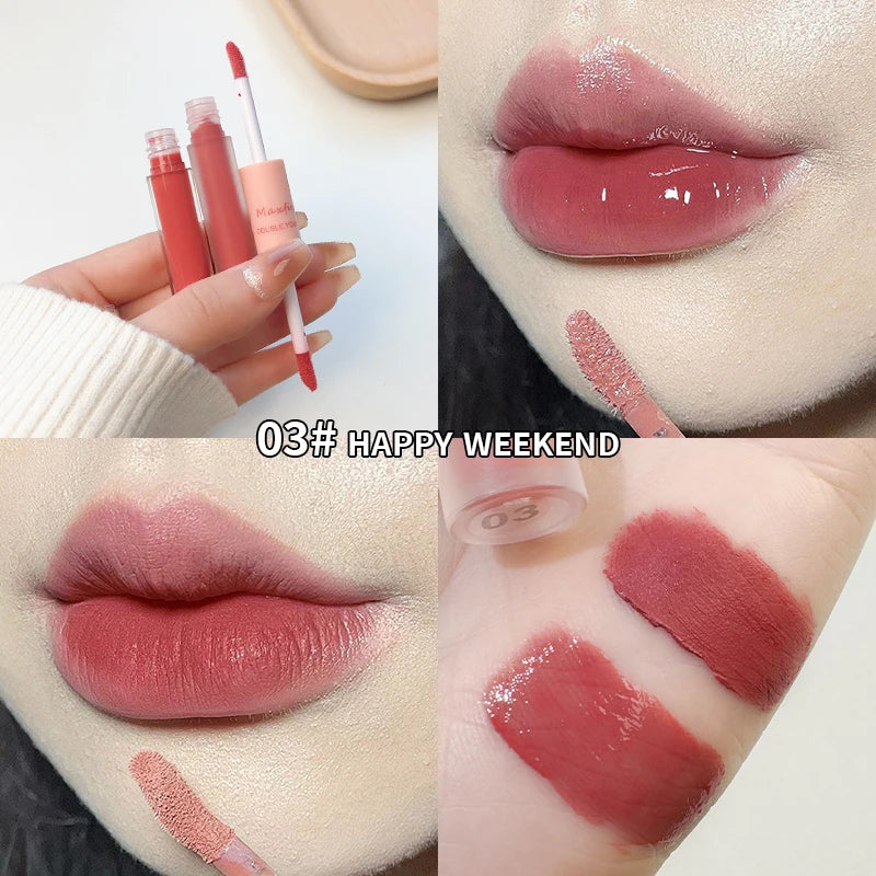 Lip Glaze Duplo Maxfine – Gloss Espelhado e Matte, Hidratação e Cor Duradoura