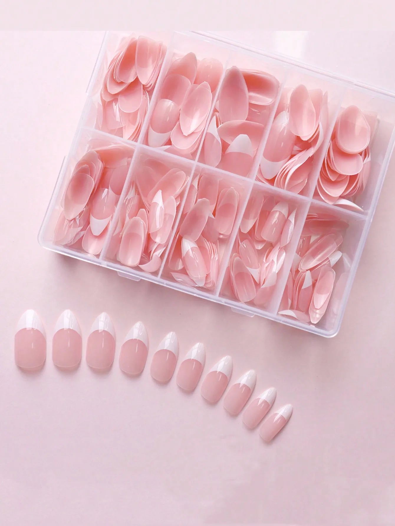 360Pcs/box Glossy Soft Gel Pink French Nail Tips Medium Almond White Simple Press On Nails 10Grids Huge Capacity False Nails*&