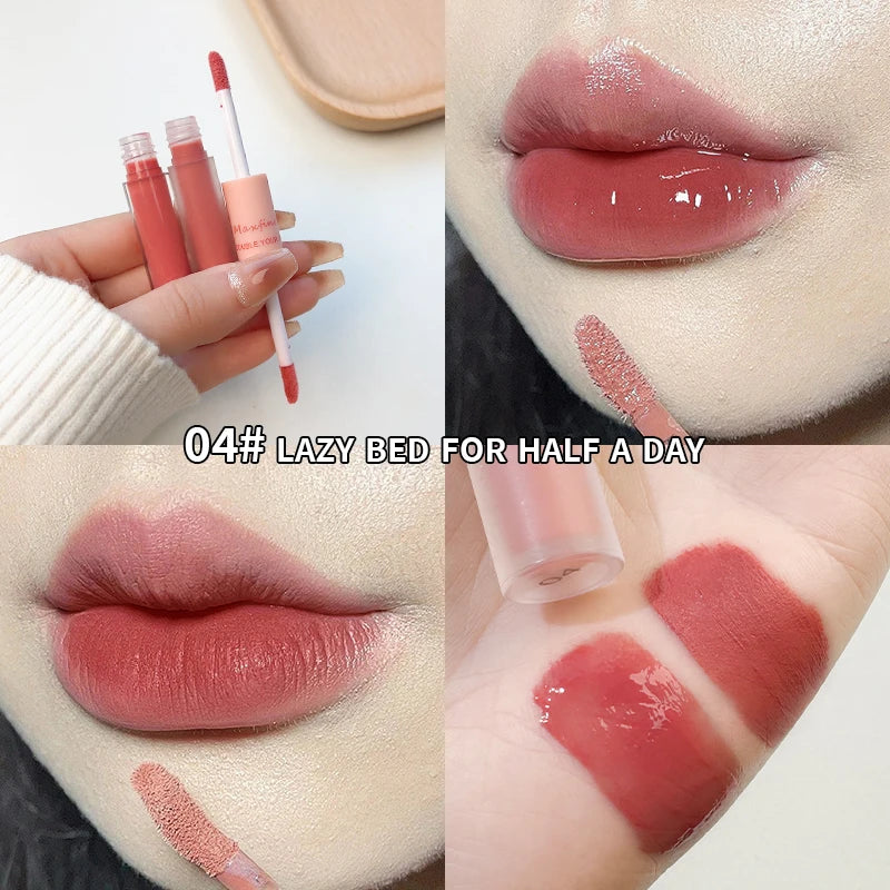 Lip Glaze Duplo Maxfine – Gloss Espelhado e Matte, Hidratação e Cor Duradoura