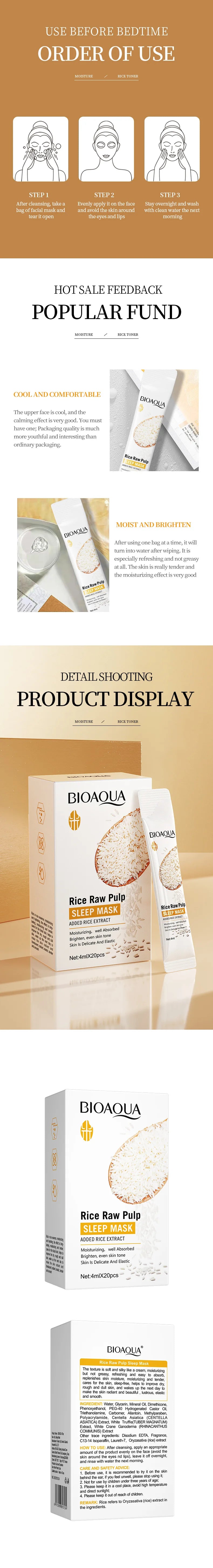 Kit 20 Máscaras Faciais Noturnas BIOAQUA Rice – Hidratação, Firmeza e Iluminação da Pele