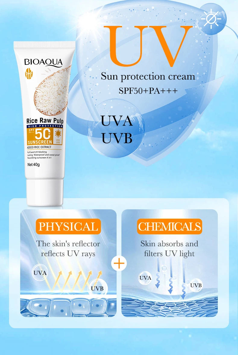 Protetor Solar Facial e Corporal BIOAQUA Rice SPF 50+ – Bloqueador Solar Iluminador