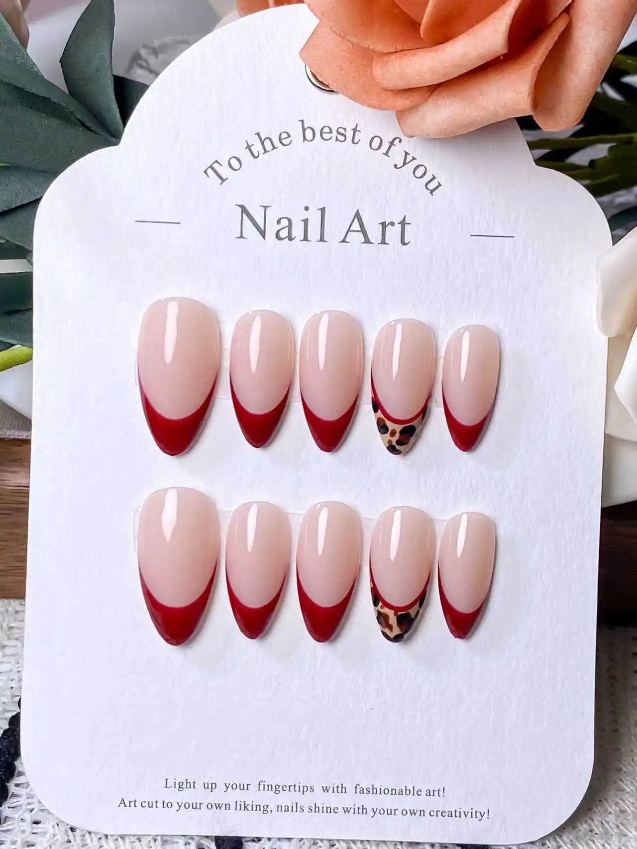 10 Unhas Postiças Artesanais – Formato Amêndoa Vermelho Onça