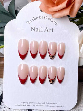 10 Unhas Postiças Artesanais – Formato Amêndoa Vermelho Onça