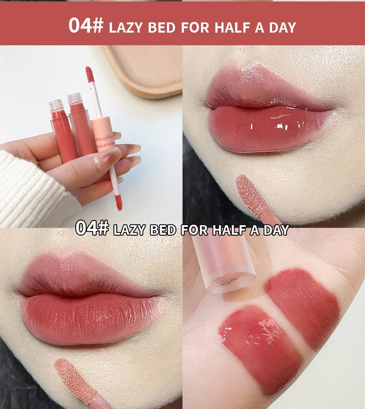 Lip Glaze Duplo Maxfine – Gloss Espelhado e Matte, Hidratação e Cor Duradoura